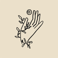 Female hands icon in minimal linear style. Vector emblem with a female hand holding an ivy branch, an eye.Magic poster, Sketch for a tattoo.