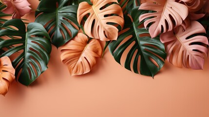Live Monstera leaves are located on the left on a pink background top view banner place for text peach hues