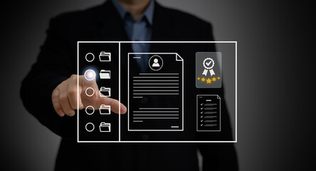 Recruitment people or Human Resource Management (HR) concept : Bussinessman using laptop for human development recruitment leadership and customer target group to enter the position in company.	