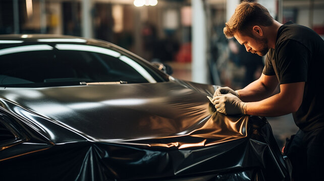 Car wrapping specialist putting vinyl foil or film on car. - a man working on a car wrapping.