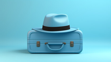 blue luggage bag and hat on blue banner background with copy space for advertisement.