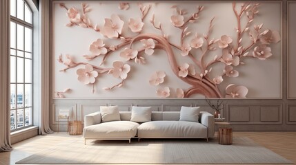 Immerse yourself in the beauty of nature with a 3D wallpaper featuring a blossoming tree, its delicate peach-colored flower leaves and a glistening copper stem