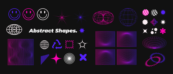 vector retro futuristic elements for design. Big collection of abstract graphic geometric symbols shapes objects style trendy. Templates for notes, posters, banners, stickers, cards, logo. cyber grid