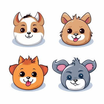 Animal emoticons set of 4 flat vector illustration. Animal emoticons set of 4 hand drawing isolated vector illustration