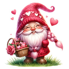 Cute Valentine's Day gnomes illustration. Watercolor hand painted gnome girl and boy with red and pink heart, isolated on white background. Holiday card design. Cartoon style.