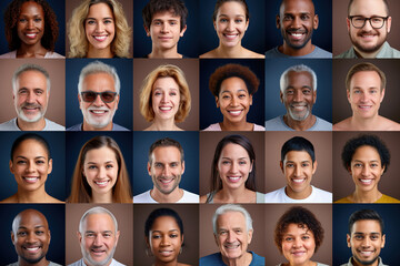 Collage of diverse multi-ethnic and different ages people portraits.