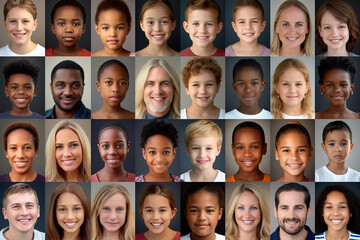 Photo collage of group of glad smiling children, women and men. - obrazy, fototapety, plakaty