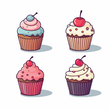birthday cupcake set of 4 flat vector illustration. birthday cupcake set of 4 hand drawing isolated vector illustration