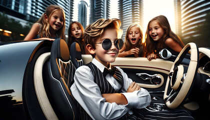 12-year-old boy imagines fame and fortune, impressing friends in a posh sports car