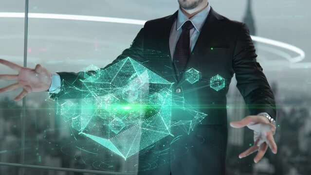 Businessman with Graph databases hologram concept