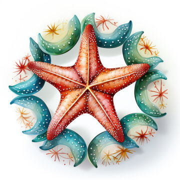 watercolor Starfish circle clipart, Generative Ai