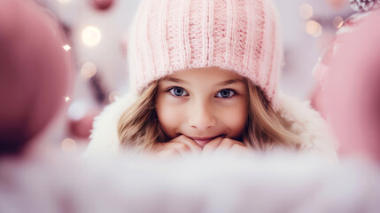 Girl peeking out from behind a light board with a defocused Christmas background, cozy atmosphere, pink Christmas concept. Christmas promotional banner mockup.