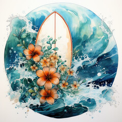 watercolor Surfboard clipart, Generative Ai