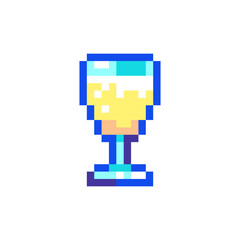 Pixel art Champagne Glass Icon. Vector Pixel 8bit Bubbly Celebration Drink. 80s 90s Retro Game Decor For Valentine's Day. Pixelated Champagne Toast Flute Sticker Illustration on white background.	