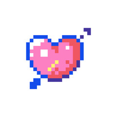 Pixel art Heart with Arrow Icon. Vector Pixel 8bit Romantic Love Symbol. 80s 90s Retro Game Decor For Valentine's Day. Pixelated Retro Cupid Arrow Sticker Illustration on white background.	