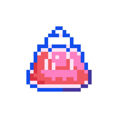 Pixel art Jelly Dessert Icon. Vector Pixel 8bit Pink Gelatin Dish. 80s 90s Retro Game Decor For Valentine's Day. Pixelated Colorful Jiggly Sweet Plate Sticker Illustration on white background.	