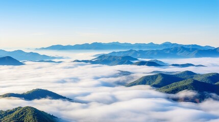 The image of the sea of fog in the morning under the clear blue sky at the peak of Mountain in Park...