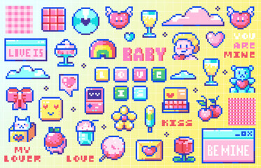 Fototapeta premium Pixel art Y2K Cute Stickers Set. 8bit Retro Game hearts, cupid, sweets, bow, toys, gifts, ice cream, baby angels, music discs, Favorite Cute Elements. Vector 90s Desktop Pack for Happy Valentine's Day