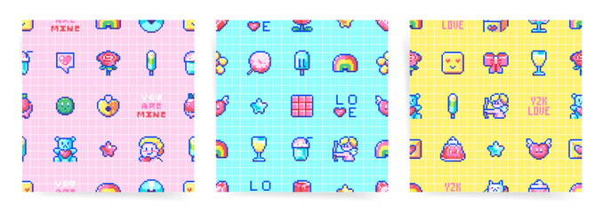 Valentine's Day Pixel Art Patterns Pack. Romantic 8 Bit Love Story with Hearts and Candy in Pink, Blue, and Yellow - Cute Y2K Gaming Wallpaper Design - Powered by Adobe