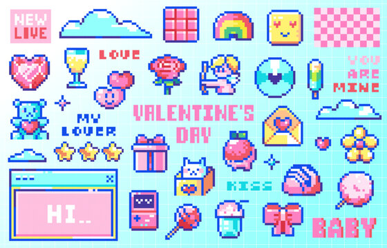 Pixel art Valentine's Day Sticker Set. 8bit Retro Game Elements like hearts, Rose Flower, Gifts, Toys, Love Messages, Sweets, Old Computer, Game Console, Candies, Cat, Cupid, Vector Y2K Graphic Pack. 