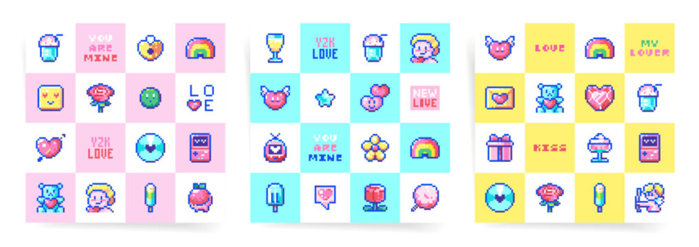 Valentine's Day Cute Seamelss Pattern Set. Pixel Art style, Retro Game Geek Elements, 2000s Y2K Mood. Cupid, hearts, Flowers, Sweets, Digital Gadgets, Game Consoles.