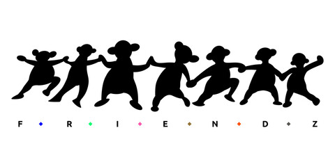 Friends together having fun by having hand in hand design in black outline silhouette