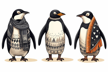 mesoamerican influenced penguin drawings, quirky and festive