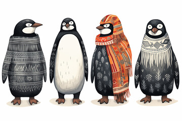 festive penguin illustrations, mesoamerican influences and vibrant colors