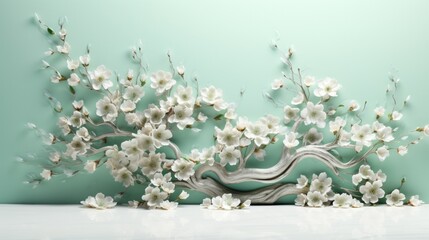 Unwind in a virtual garden with a 3D wallpaper capturing a floral tree in soothing mint green flower leaves and a resplendent silver stem