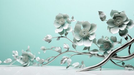 Unwind in a virtual garden with a 3D wallpaper capturing a floral tree in soothing mint green flower leaves and a resplendent silver stem