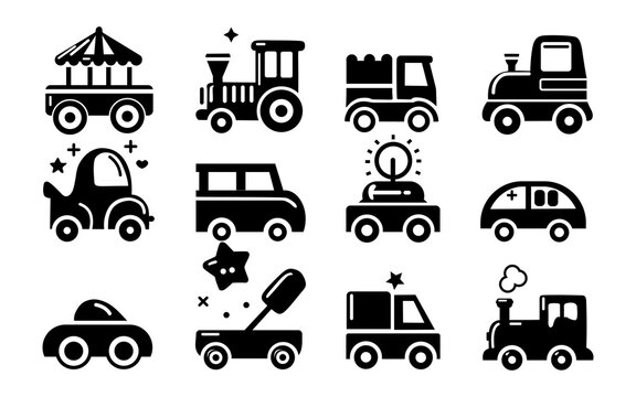 Set of different cute toy car icons. simple vector toy car icons illustrations for kids , children's clothes, posters, invitations, cards, games.
