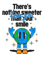 Cartoon typography groovy poster 70s . Cute retro walking planet characters, Hippie style. With text 