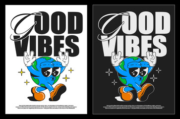 Cartoon typography groovy poster 70s . Cute retro walking planet characters, Hippie style. With text "Good vibes". Vintage prints