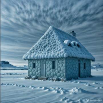 Panoramic winter house on snowy mountains landscape
