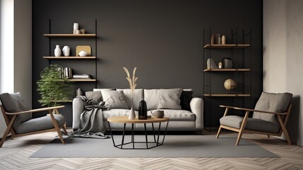 Monochrome living room with wood and grey tiling accents and chevron pattern rug