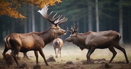 The Powerful Display of Red Deer Fighting in a Wildlife Park Amidst Rutting Season
