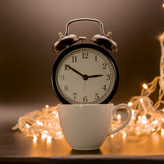 A cup and retro alrm clock on black background. Spending time drinking hot drinks.