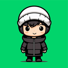 cute boy icon vector thick outline playing ski