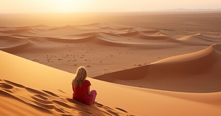 Fototapeta na wymiar A Woman Finding Peace While Seated Alone on the Summit of a Desert Dune