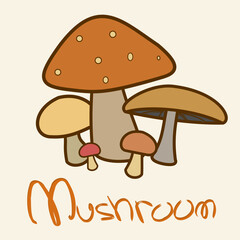 Mushroom illustration with handwriting text for textile printing or colouring book