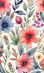 Watercolor Seamless Pattern Of Flowers.