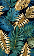 Elegant Design Of Blue, Green, And Gold Tropical Leaves.
