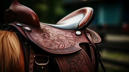 Equestrian Elegance - Saddle on the back of a brown horse. - obrazy, fototapety, plakaty