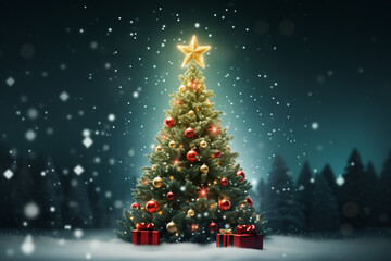 christmas tree with holiday winter decoration and shiny lights