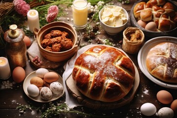 flat lay top view on a fluffy round wheat yeast brioche pastry with whimsical pattern on wooden table, surrounded by colored easter eggs and spring dishes, clean rustic setting.
