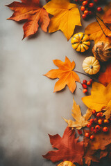 Fall background with orange pumpkins and fall leaves on beige background wallpaper
