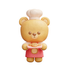 Cute bear wears chef uniform holding Cookies, bakery element, 3d rendering.