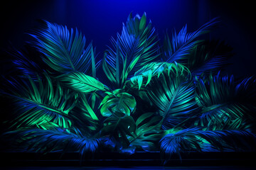 Fototapeta na wymiar green and blue neon light with tropical leaves 