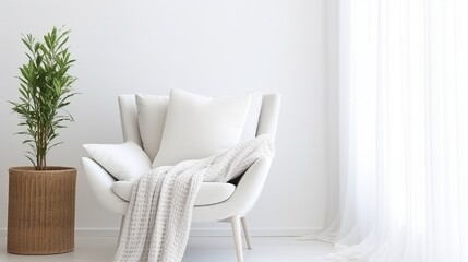 Sheer white curtains on the window of a white living room interior with a striped, linen pillow on a modern wicker chair