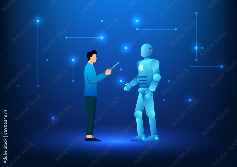 Poster artificial intelligence technology engineer checking data on a robot that uses the ai system showing